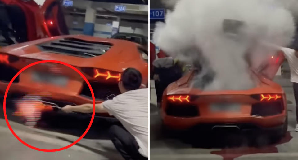 A Lamborghini Aventador engine overheats after a man tries to use its exhaust to cook a piece of meat.