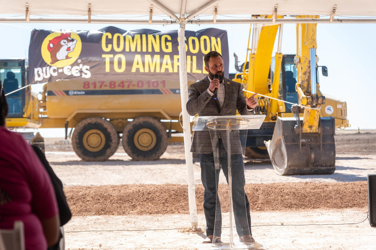 Amarillo Mayor Cole Stanley addresses the crowd Thursday at the Buc-ee's groundbreaking in east Amarillo.