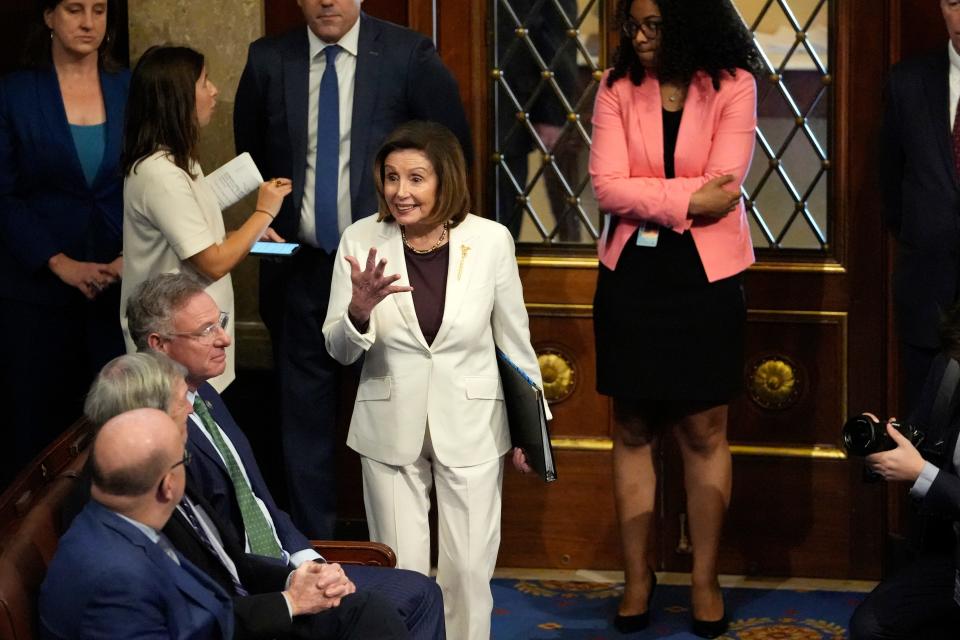 House Speaker Nancy Pelosi arrives on the floor of the House of Representatives to give remarks Thursday, Nov. 17, 2022, on Capitol Hill in Washington, a day after Republicans claimed a majority in the House in the next congressional term.