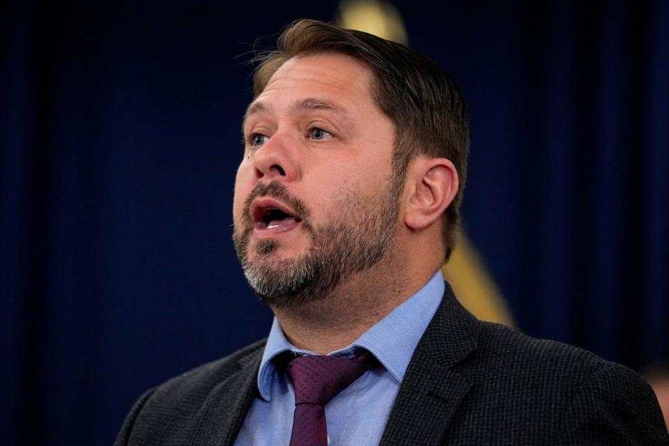 Rep. Ruben Gallego, D-Ariz., speaks at the state capitol in Phoenix in April 2023. Gallego, an Iraq war veteran and Spanish speaker who represents much of downtown Phoenix, has said that when he campaigned alongside Democratic Party candidates in New Hampshire, "there would be the the few Latino families in New Hampshire who would be extremely excited to see me at the door and speaking Spanish  … because as they would tell me that they rarely get talked to, because not many people speak Spanish to them." About 75% of U.S. Latinos say they speak Spanish at least pretty well, according to a 2023 Pew Research Center report.