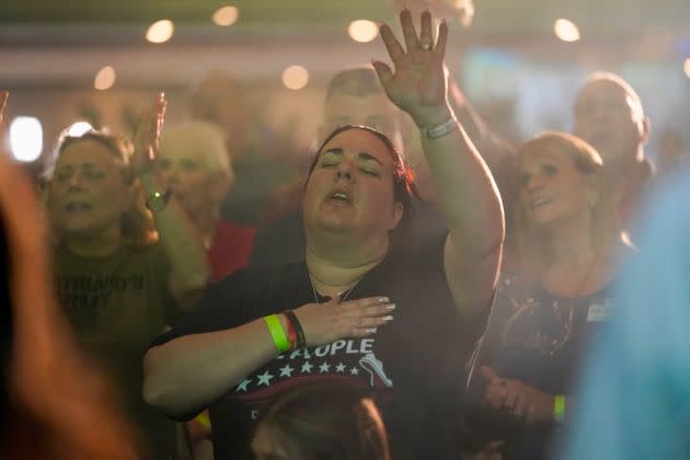 Mastriano supporters sang at his primary night election gathering in May. (Photo: Carolyn Kaster/Associated Press)