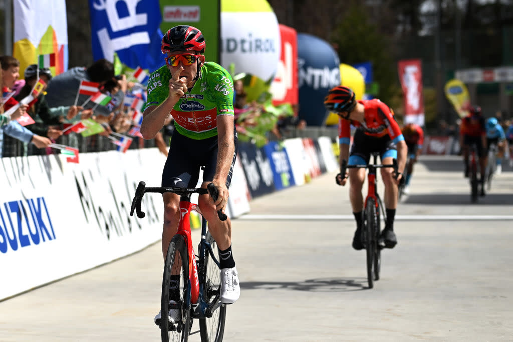  RITTEN ITALY  APRIL 18 Tao Geoghegan Hart of United Kingdom and Team INEOS Grenadiers  Green leader jersey celebrates at finish line as stage winner during the 46th Tour of the Alps 2023  Stage 2 a 1652km stage from Reith im Alpbachtal to Ritten 1174m on April 18 2023 in Reith im Alpbachtal Italy Photo by Tim de WaeleGetty Images 