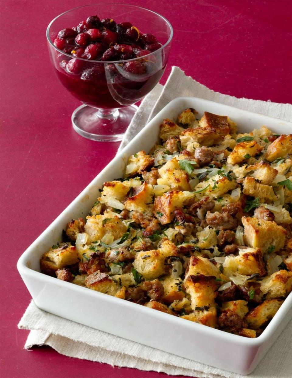 <p>This clever stuffing might not be baked in a bird, but sausage and herbs ensure it's still packed with flavor.</p><p>Get the <a href="https://www.womansday.com/food-recipes/food-drinks/recipes/a11642/sausage-herb-stuffing-recipe-wdy1112/" rel="nofollow noopener" target="_blank" data-ylk="slk:Sausage and Herb Stuffing recipe;elm:context_link;itc:0;sec:content-canvas" class="link "><strong>Sausage and Herb Stuffing recipe</strong></a>.</p>