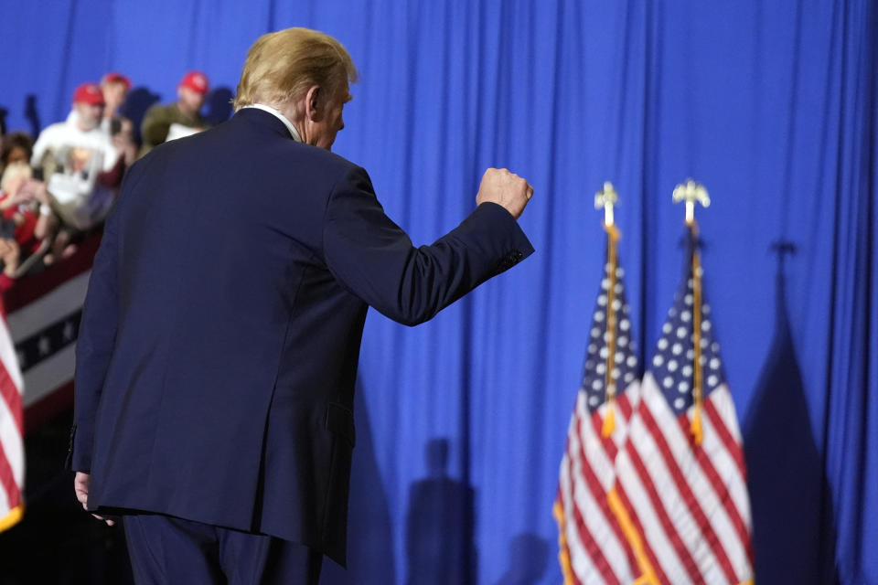 Republican presidential candidate former President Donald Trump gestures at a campaign rally Saturday, March 2, 2024, in Greensboro, N.C. (AP Photo/Chris Carlson)