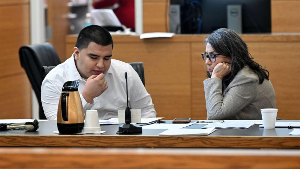 Octavio Banos with his attorney, Connie Mederos-Jacobs, during jury selection for his trial for attempted second-degree murder with a firearm for a shooting at the Ellenton Premiere Outlets on July 17, 2022. Banos appeared in the Manatee County Judicial Center courtroom for his trial on March 25, 2024.