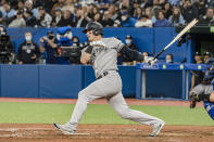 New York Yankees' Josh Donaldson breaks his bat swinging during the ninth inning of a baseball game against the Toronto Blue Jays in Toronto, Monday, May 2, 2022. (Christopher Katsarov/The Canadian Press via AP)