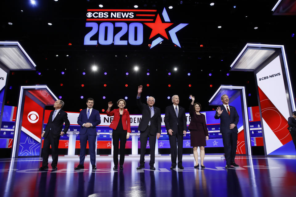 FILE - In this Feb. 25, 2020, file photo from left, Democratic presidential candidates, former New York City Mayor Mike Bloomberg, former South Bend Mayor Pete Buttigieg, Sen. Elizabeth Warren, D-Mass., Sen. Bernie Sanders, I-Vt., former Vice President Joe Biden, Sen. Amy Klobuchar, D-Minn., and businessman Tom Steyer participate in a Democratic presidential primary debate in Charleston, S.C. Biden has won the last few delegates he needed to clinch the Democratic nomination for president. (AP Photo/Matt Rourke, File)