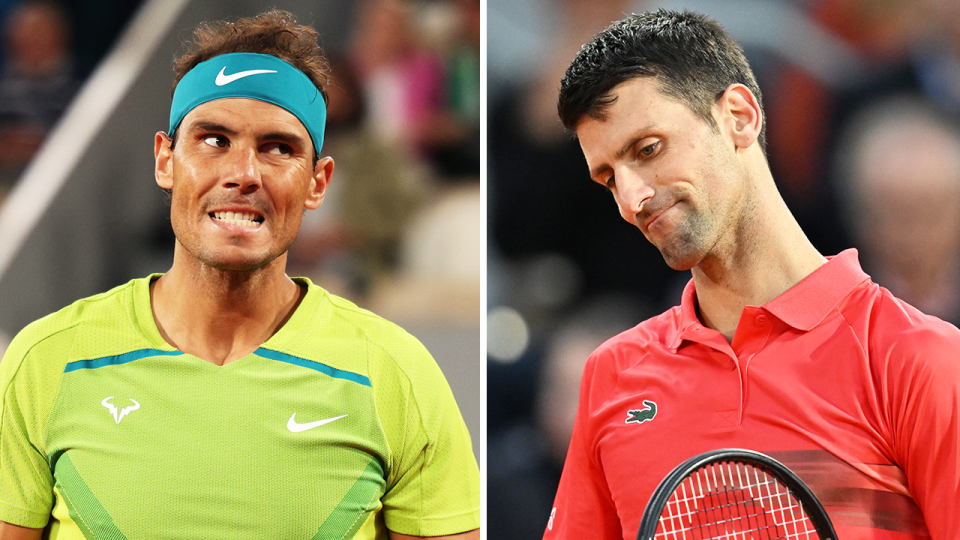 Rafa Nadal (pictured left) reacting after a point and Novak Djokovic (pictured right) looking down after a point at the French Open.