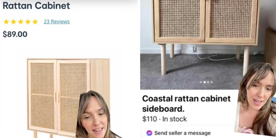 Stills from TikTok video showing Bec Brewin and Facebook Marketplace ad for Kmart rattan cabinet