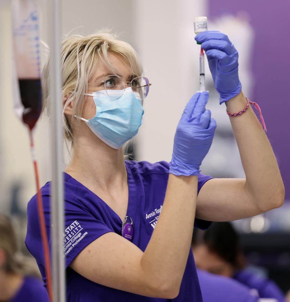 Nursing student Tia Judd works in the simulation lab in the Marriott Health Building at Weber State University in Ogden on Tuesday, Sept. 5, 2023. | Scott G Winterton, Deseret News