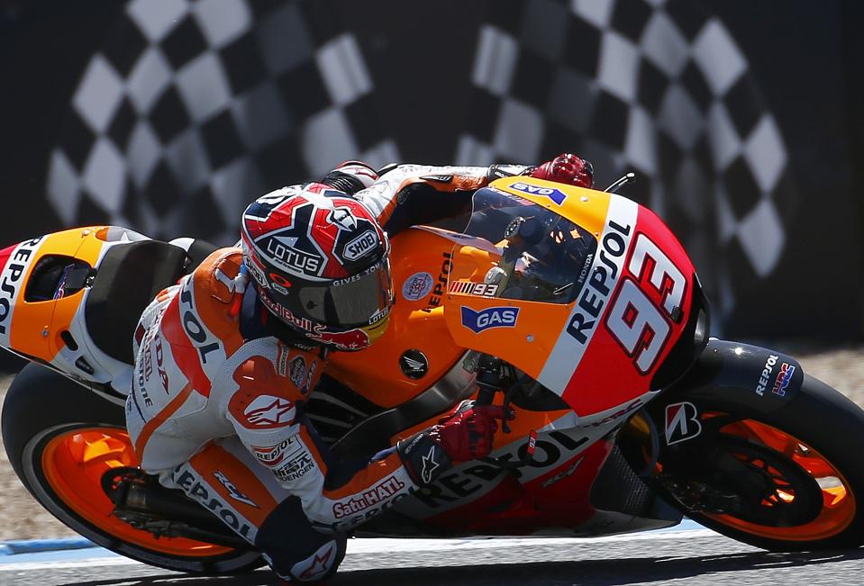 Marc Marquez from Spain and Honda Repsol races during the qualifying for the Spain MotoGP at the Jerez race track on Saturday, May 3, 2014 in Jerez de la Frontera, southern Spain. (AP Photo/Miguel Angel Morenatti )