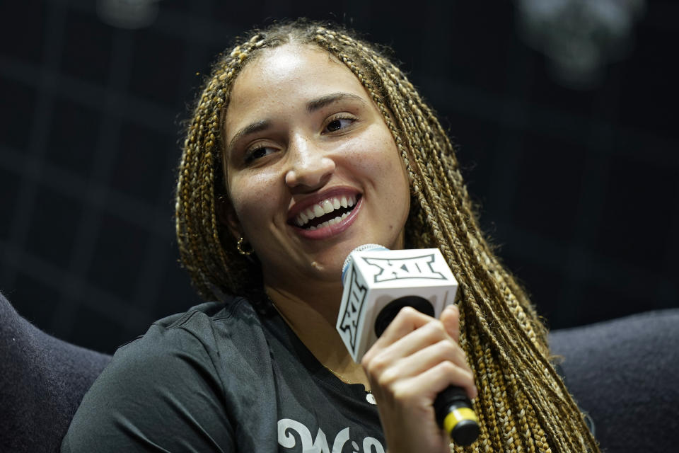 FILE - Kansas State's Ayoka Lee addresses the media during the NCAA college Big 12 women's basketball media day Tuesday, Oct. 17, 2023, in Kansas City, Mo. Ayoka Lee is the Associated Press national player of the week in women's college basketball. (AP Photo/Charlie Riedel, File)
