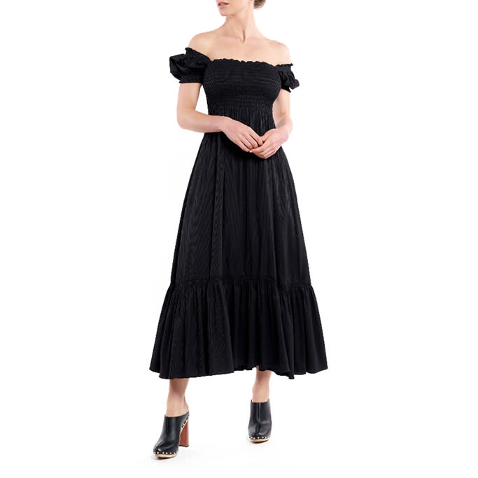 La Ligne Ariel Pinstripe Puff Sleeve Midi Dress