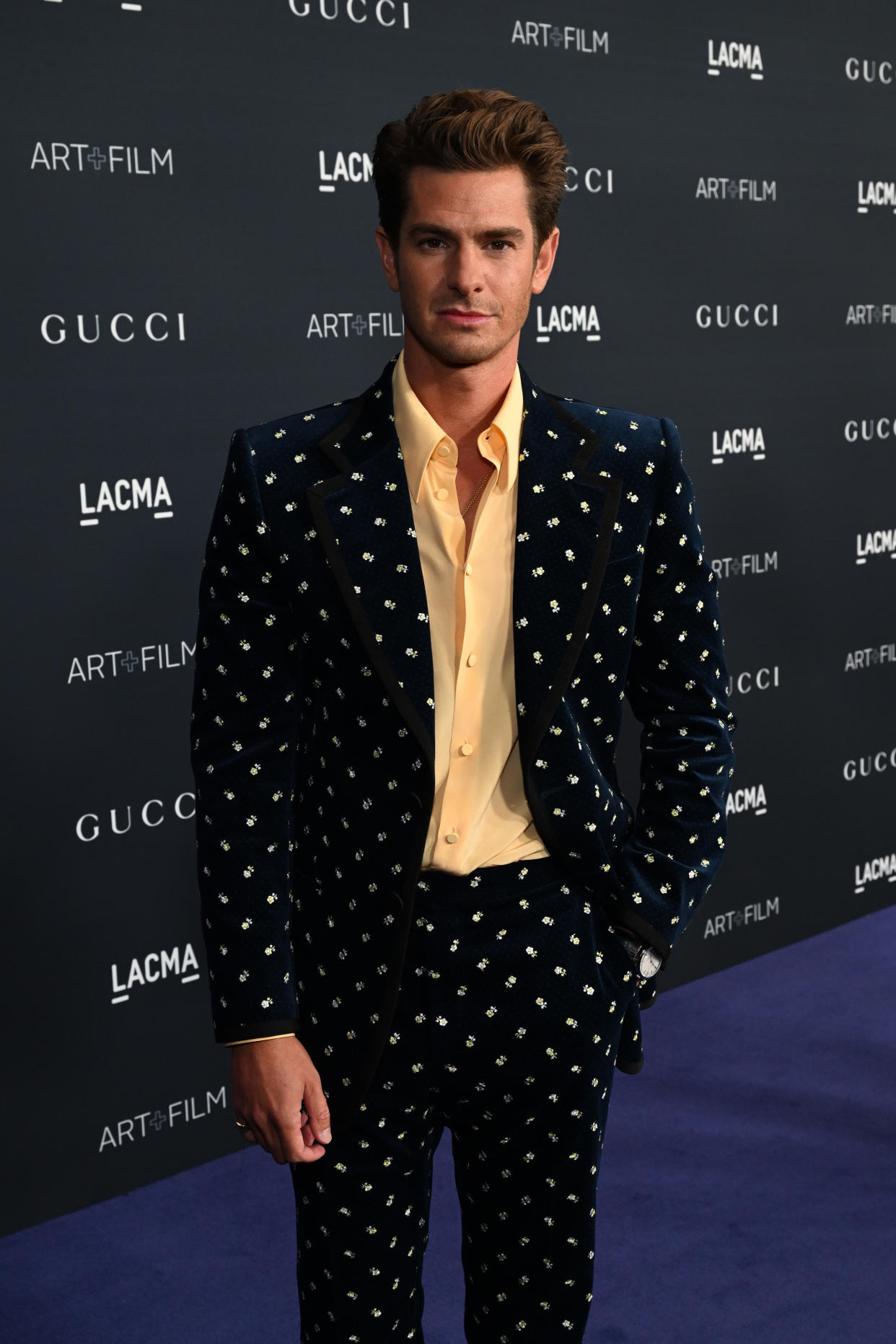 LOS ANGELES, CALIFORNIA - NOVEMBER 05: Andrew Garfield, wearing Gucci, attends the 2022 LACMA ART+FILM GALA Presented By Gucci at Los Angeles County Museum of Art on November 05, 2022 in Los Angeles, California. (Photo by Michael Kovac/Getty Images for LACMA)