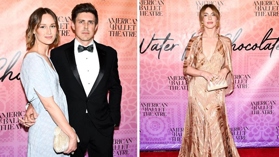 (Left) Kerry Bishé and Chris Lowell; Julianne Hough (Right) all happily make the scene at the American Ballet Theatre 2023 June Gala at Lincoln Center in New York. (BFA)