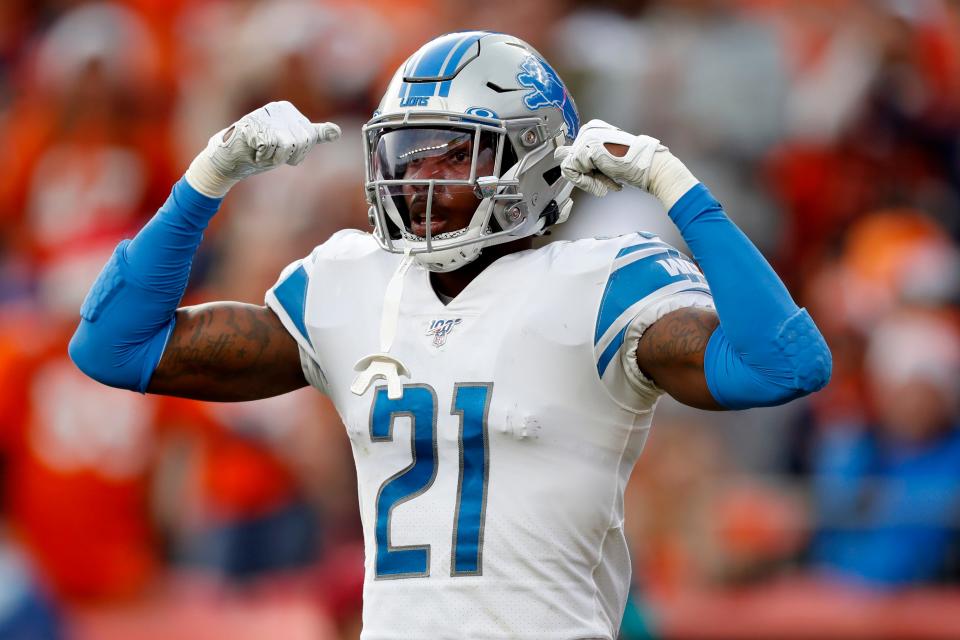 Lions free safety Tracy Walker celebrates a defensive stop against the Broncos during the first half on Sunday, Dec. 22, 2019, in Denver.