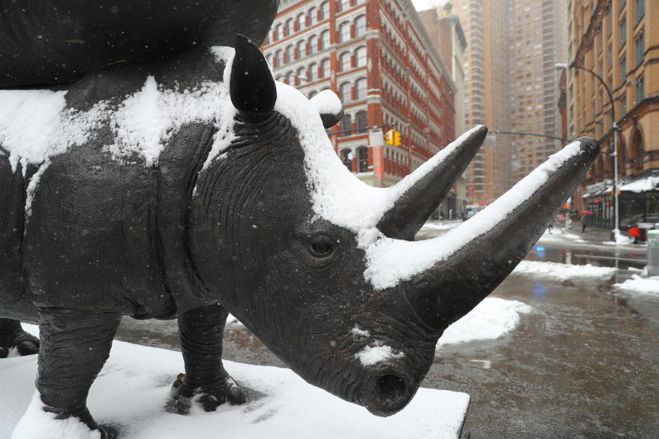 <p>A closeup of “The Last Three” rhino sculpture in Astor Place, New York City on March 21, 2018. The incredible 17-foot-tall interactive artwork is being created to raise critical awareness about rhino conservation. (Photo: Gordon Donovan) </p>