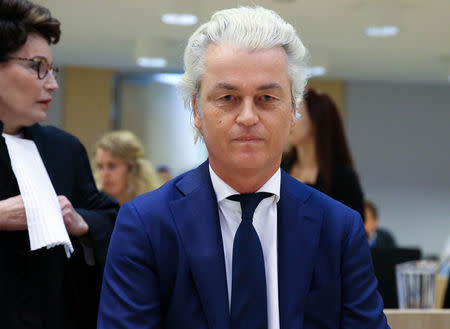 Dutch anti-Islam politician Geert Wilders appears in court for his appeal against a conviction for inciting discrimination accusing prosecutors of trying to destroy his right to free speech, in Amsterdam, Netherlands, May 17, 2018. REUTERS/Francois Walschaerts