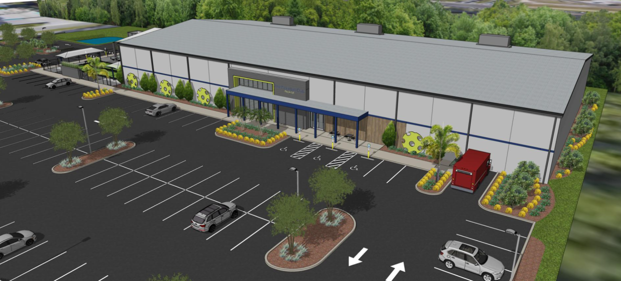 An artistic rendering shows The Pickleball Club at St. Lucie West, planned for a mid-June soft opening. It will include 12 indoor courts, two outdoor courts, bocce ball, table tennis, cornhole, a cafe, pro shop, locker rooms, event space and lounge areas.