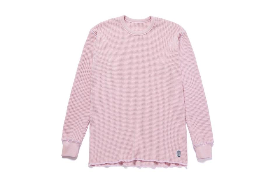 <p><strong>Standard Issue Tees</strong></p><p>standardissuetees.com</p><p><strong>$100.00</strong></p><p><a href="https://standardissuetees.com/collections/shop-all/products/standard-thermal-sweater-pink?variant=39367808614499" rel="nofollow noopener" target="_blank" data-ylk="slk:Shop Now;elm:context_link;itc:0;sec:content-canvas" class="link ">Shop Now</a></p><p>You might not be able to get your hands on the light pink Vans x JSP collaborative chukkas—they sold out quick; no surprises there—but you can still score this phenomenally good thermal in a similar shade. (A tip: Size down.)</p>