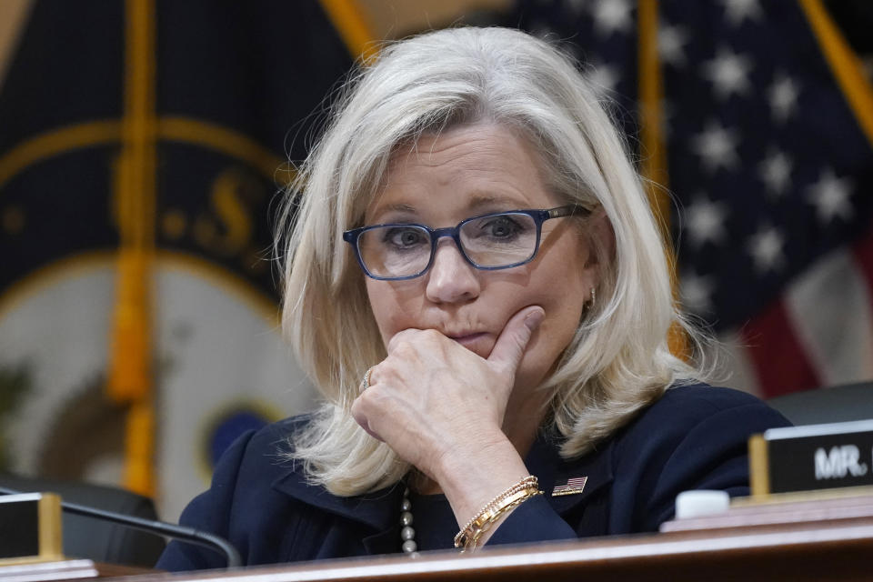 FILE - Vice Chair Liz Cheney, R-Wyo., listens as the House select committee investigating the Jan. 6, 2021 attack on the Capitol holds a hearing at the Capitol in Washington, June 16, 2022. The Jan. 6 congressional hearings have paused, at least for now, and Washington is taking stock of what was learned about the actions of Donald Trump and associates surrounding the Capitol attack. (AP Photo/J. Scott Applewhite, File)
