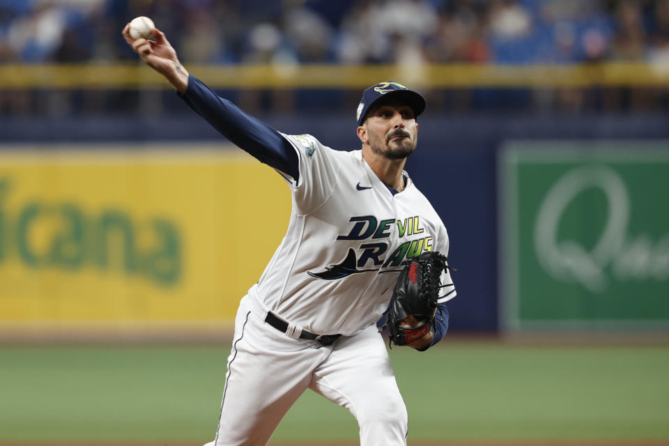 Tampa Bay Rays starting pitcher Zach Eflin throws to a New York Yankees batter during the first inning a baseball game Friday, Aug. 25, 2023, in St. Petersburg, Fla. (AP Photo/Scott Audette)