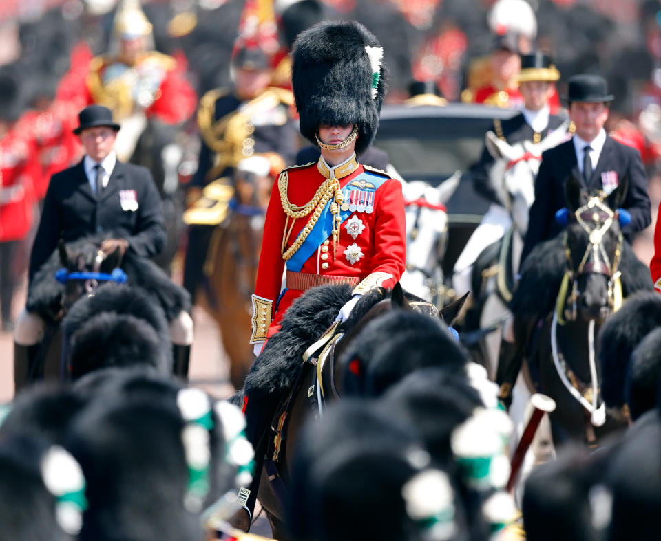 Prince William reviews his troops on horseback ahead of Trooping the Colour