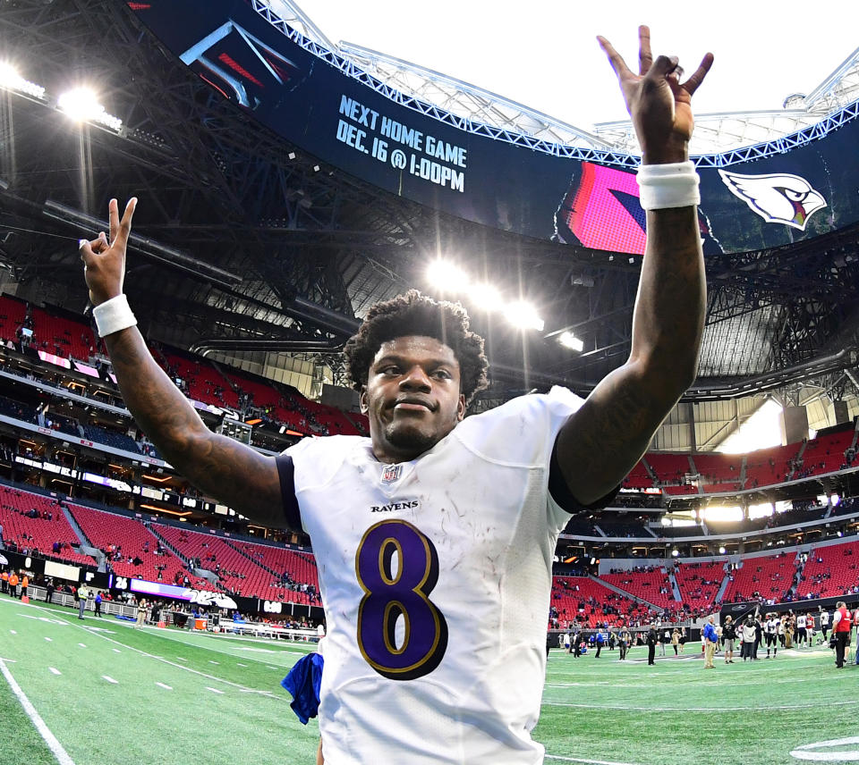 ATLANTA, GA – DECEMBER 2: <a class="link " href="https://sports.yahoo.com/nfl/players/31002" data-i13n="sec:content-canvas;subsec:anchor_text;elm:context_link" data-ylk="slk:Lamar Jackson;sec:content-canvas;subsec:anchor_text;elm:context_link;itc:0">Lamar Jackson</a> #8 of the Baltimore Ravens celebrates after the game against the Atlanta Falcons at Mercedes-Benz Stadium on December 2, 2018 in Atlanta, Georgia. (Photo by Scott Cunningham/Getty Images)