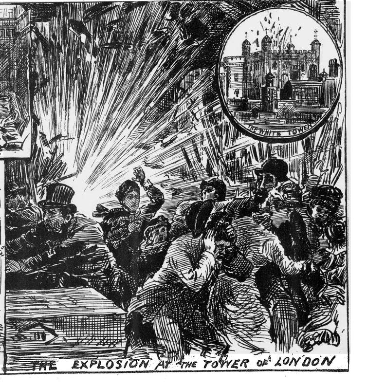 Black and white cartoon of people running from an explosion, with the Tower of London inset.