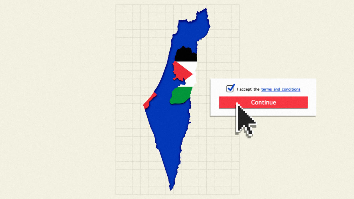  Map of Israel and Palestine with a terms and conditions check box. 