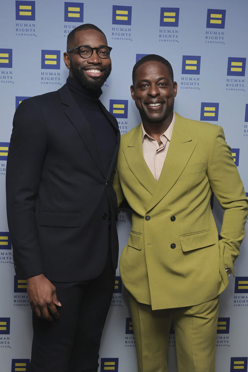 (L-R) Tarell Alvin McCraney and Sterling K. Brown attend the 2024 Human Rights Campaign dinner at Fairmont Century Plaza on March 23, 2024 in Los Angeles, California.