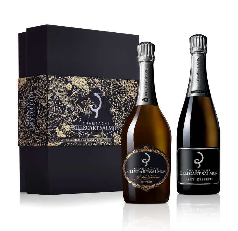<p>Courtesy of Billecart-Salmon</p><p>Champagne Billecart-Salmon is offering a limited-edition gift set for the holidays that showcases two exceptional champagnes that epitomize the art of blending at Billecart-Salmon. The gift box features the <a href="https://www.dropbox.com/s/h37g7xpry5oi08a/Technical%20sheet%20-%20Brut%20R%C3%A9serve.pdf?dl=0" rel="nofollow noopener" target="_blank" data-ylk="slk:Brut Réserve;elm:context_link;itc:0;sec:content-canvas" class="link ">Brut Réserve</a> and the <a href="https://www.dropbox.com/s/byvvzj409wjfuya/Technical%20sheet%20-%20Nicolas%20Fran%C3%A7ois%202008.pdf?dl=0" rel="nofollow noopener" target="_blank" data-ylk="slk:Nicolas François 2008;elm:context_link;itc:0;sec:content-canvas" class="link ">Nicolas François 2008</a>, which are the house's traditional blend cuvées. </p><p><strong>BRUT RESERVE - </strong>The Brut Reserve is a light, fine and harmonious champagne. Its blend is made with Pinot Noir, Chardonnay and Pinot Meunier from three different years, sourced from the best sites in the Champagne region.</p><p><strong>NICOLAS FRANCOIS 2008 - </strong>This exceptional cuvée was created in 1964 as a tribute to the House’s founder. It results from the blending of Grands Crus from the classified Côte des Blancs vineyards (Chardonnay) and the Montagne de Reims (Pinot Noir). Its vinification, partially in traditional oak casks, underpins the generous character of this fine, elegant and rich wine. <strong>Varietals</strong>: 60% Pinot Noir & 40% Chardonnay. <strong>Appellation</strong>: Pinot Noir from the Premiers and Grands Crus from the Montagne de Reims and the Grande Vallée de la Marne. Chardonnay from the Côte des Blancs. <strong>Aging</strong>: 10 years</p><p>The Gift Set can be purchased from <a href="https://www.premierchampagne.com/products/billecart-salmon-exceptions-duo-gift-set.html" rel="nofollow noopener" target="_blank" data-ylk="slk:Premier Champagne;elm:context_link;itc:0;sec:content-canvas" class="link ">Premier Champagne</a></p>