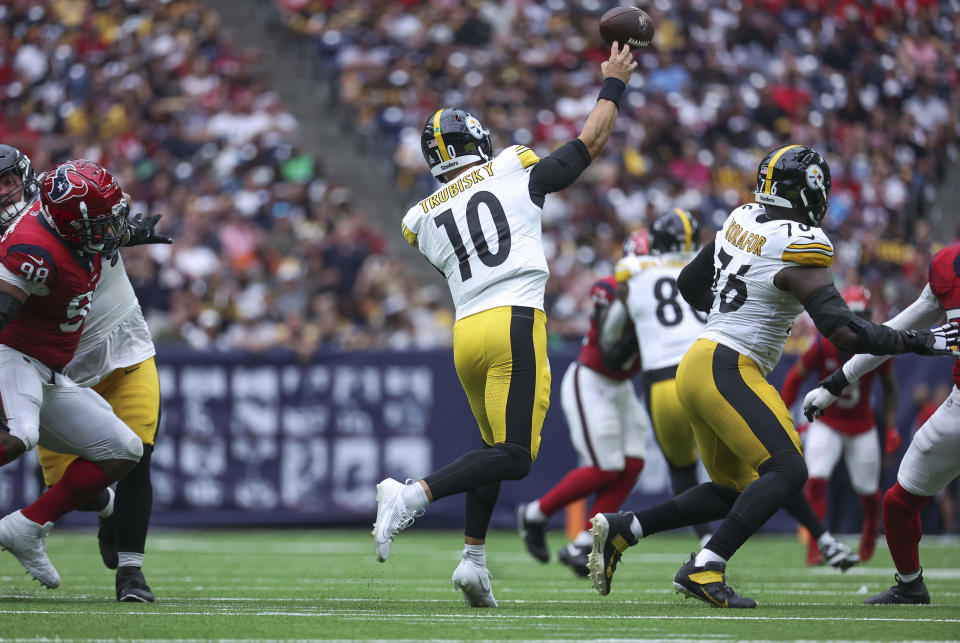 Oct 1, 2023; Houston, Texas, USA; Pittsburgh Steelers quarterback Mitch Trubisky (10) attempts a pass during the fourth quarter against the Houston Texans at NRG Stadium. Mandatory Credit: Troy Taormina-USA TODAY Sports