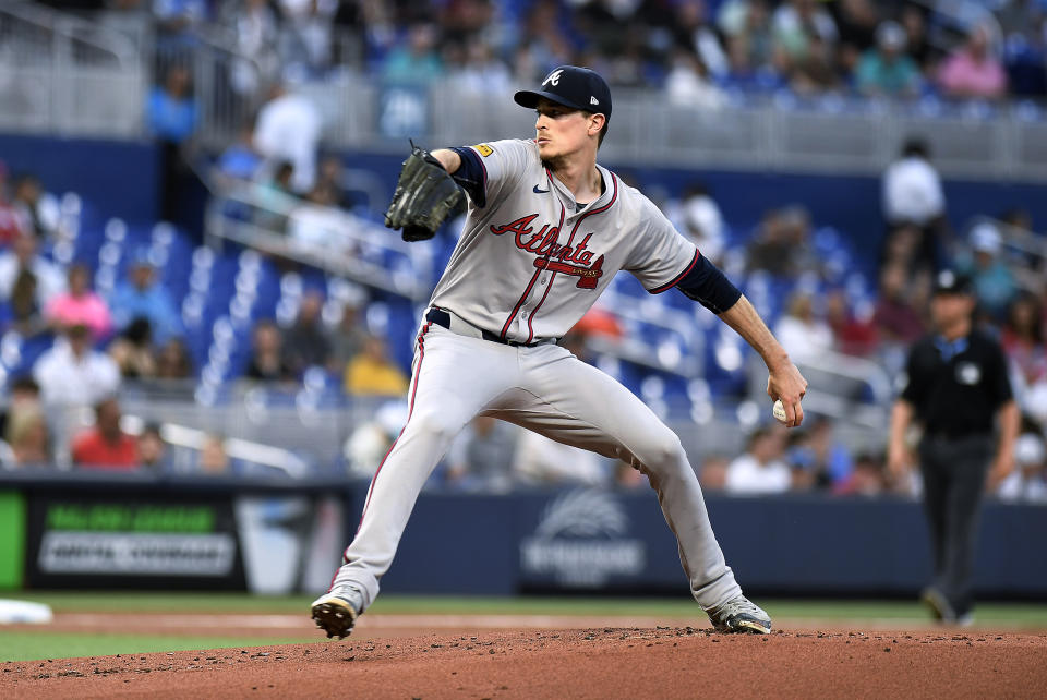 Atlanta Braves pitcher Max Fried throws to a Miami Marlins batter during the first inning of a baseball game Friday, April 12, 2024, in Miami. (AP Photo/Michael Laughlin)