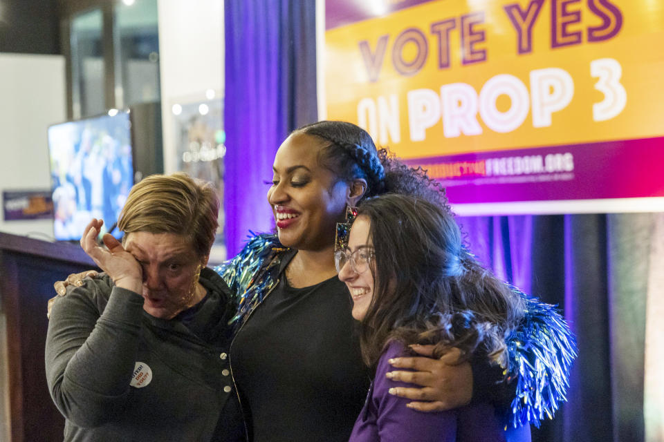 Supporters react as preliminary results come in for Proposal 3 in Detroit on Nov. 8, 2022.