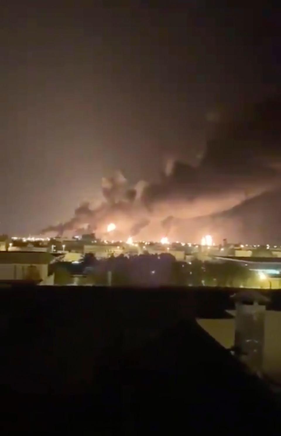 Smoke fills the sky at the Abqaiq oil processing facility on Saturday, Sept. 14, 2019 in Saudi Arabia.