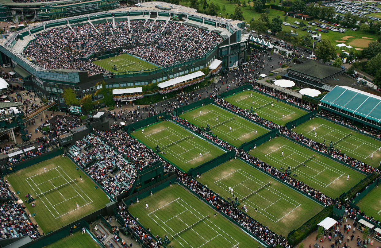 LONDON, LONDON - JUNE 28:  An aerial view a roofless Centre Court and the outside courts taken from the BBC elevated camera position during day four of the Wimbledon Lawn Tennis Championships at the All England Lawn Tennis and Croquet Club on June 28, 2007 in London, England.  (Photo by Glyn Kirk/AELTC/Pool/Getty Images)