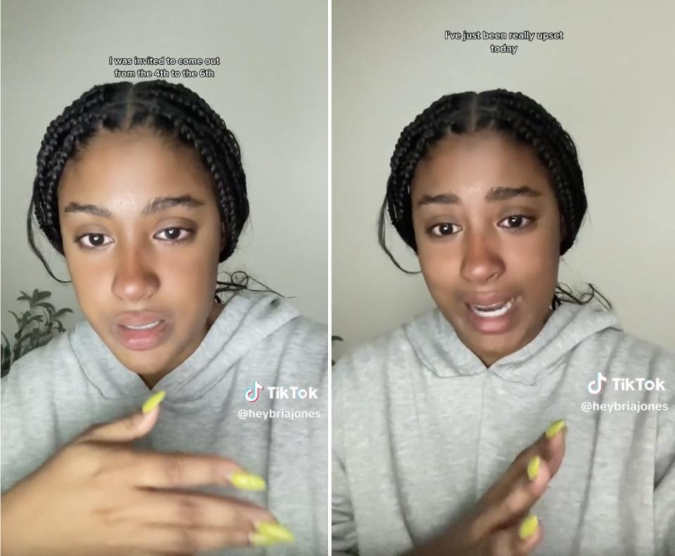 Screenshots from Bria Jones' TikTok in which she outlined why she's no longer attending the Tarte trip with her hair pinned back and