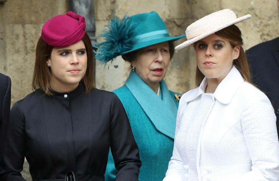 ack Brooksbank, Princess Eugenie, Princess Anne, Princess Royal, Princess Beatrice and Vice Admiral Sir Timothy Laurence at St. George's Chapel in 2018.