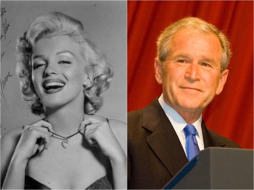 Black and white portrait of Marilyn smiling with her mouth open, eyes slightly squinted, and adjusting her necklace next to Bush smiling in a suit at a podium.