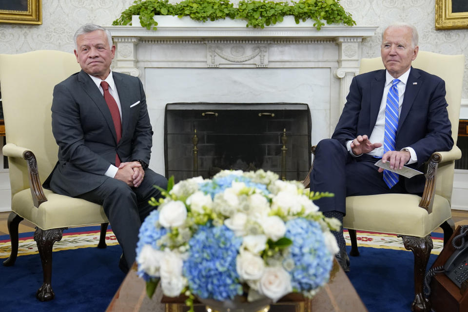 FILE - In this July 19, 2021 file photo, U.S. President Joe Biden, right, meets with Jordan's King Abdullah II, in the Oval Office of the White House in Washington. Jordan has long presented itself as a reliable U.S. ally in a turbulent Middle East, as a monarchy embracing liberal Western values. Any hint of instability should worry Jordan’s Western allies, foremost the US, who value the kingdom for its help in the fight against Islamic extremists, its security ties with Israel and its willingness to host refugees. (AP Photo/Susan Walsh, File)