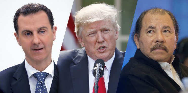 Syrian President Bashar Assad, President Donald Trump and Nicaraguan President Daniel Ortega. (Photos: SANA via AP, Evan Vucci/AP, Pablo Martinez Monsivais/AP)