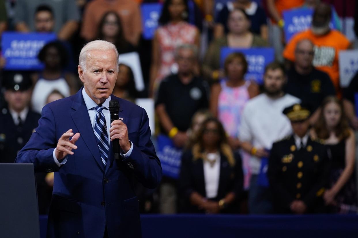 President Joe Biden speaks at the Arnaud C. Marts Center on the campus of Wilkes University, Tuesday, Aug. 30, 2022, in Wilkes-Barre, Pa.