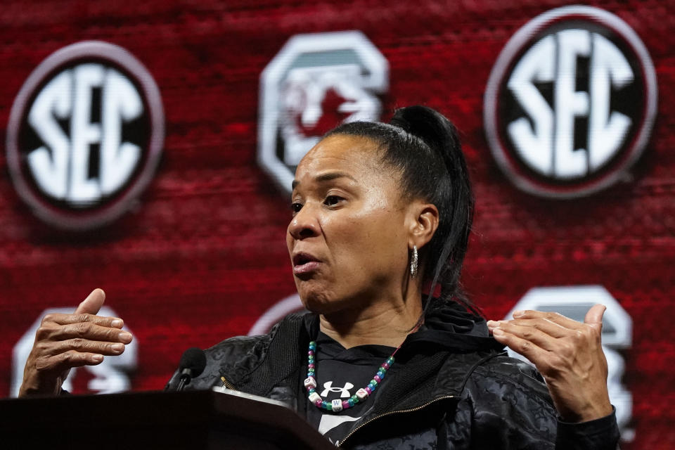 South Carolina NCAA women's college basketball head coach Dawn Staley speaks during Southeastern Conference Media Days, Thursday, Oct. 19, 2023, in Birmingham, Ala. (AP Photo/Mike Stewart)