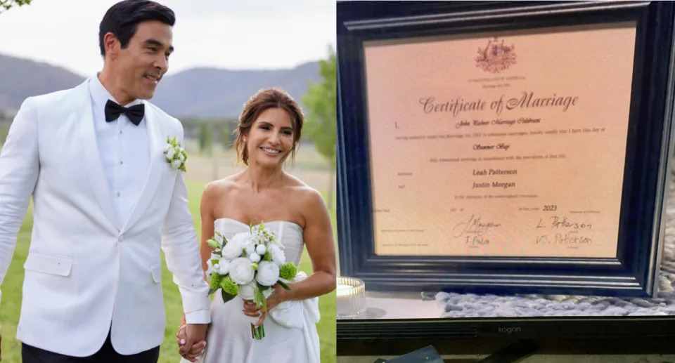 L: Leah and Justin's wedding on Home and Away. R: Leah and Justin's Home and Away marriage certificate