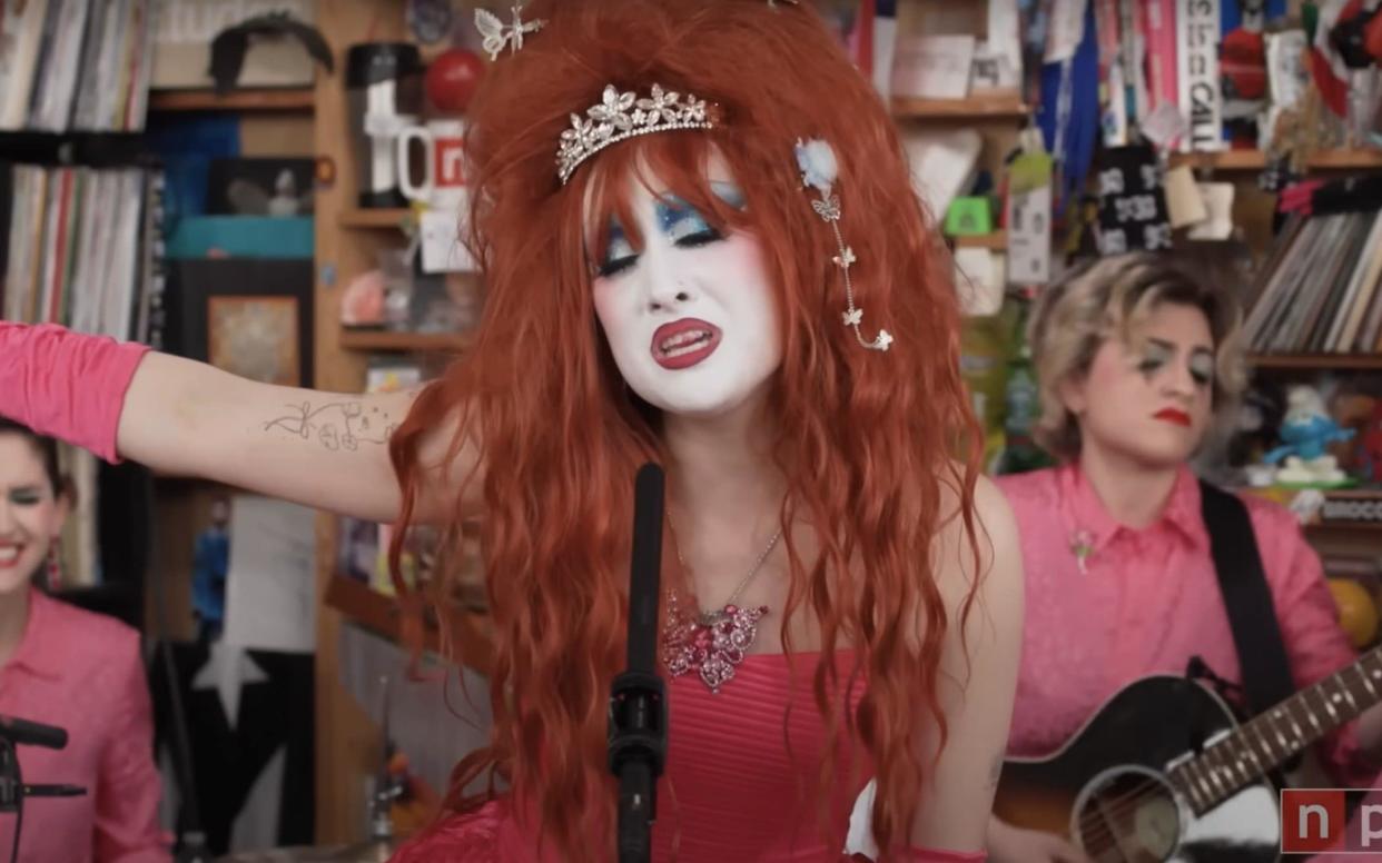 Chappell Roan performing behind the Tiny Desk