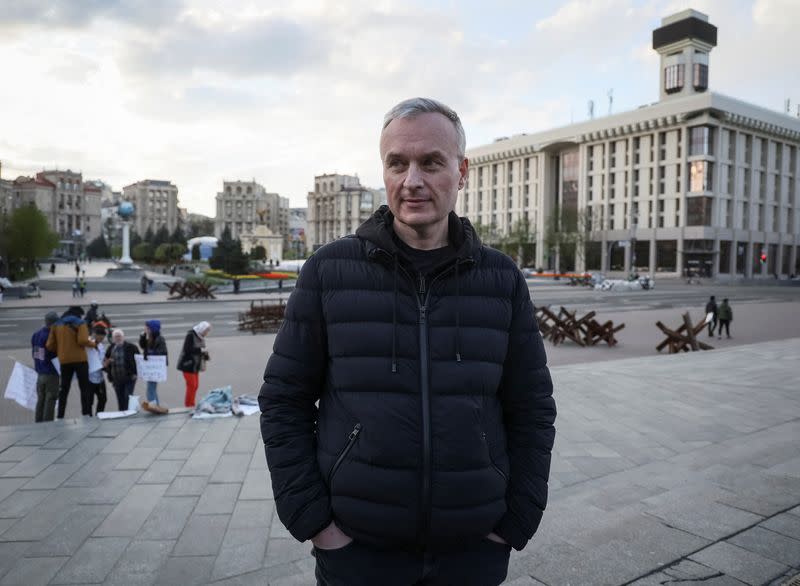 Former Gazprombank Vice President Volobuev, who fled Russia into Ukraine speaks during an interview with Reuters in central Kyiv