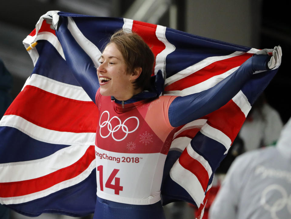Lizzy Yarnold of Britain reacts to her gold medal finish after the final run of the women’s skeleton competition at the 2018 Winter Olympics in Pyeongchang, South Korea, Saturday, Feb. 17, 2018. (AP Photo/Andy Wong)