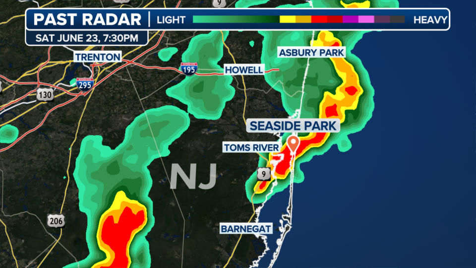Radar shows a thunderstorm cell over Seaside Park, New Jersey on Sunday, June 23, 2024.