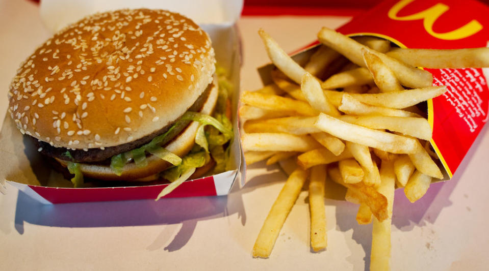 A McDonald's hamburger and French fries.